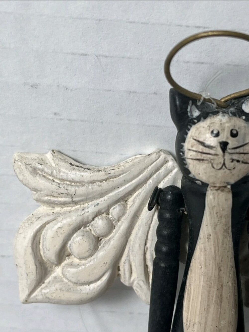 Primitive Black Cat Angel Ornament Jointed Wood Folk Art Christmas Decor - Picture 3 of 10